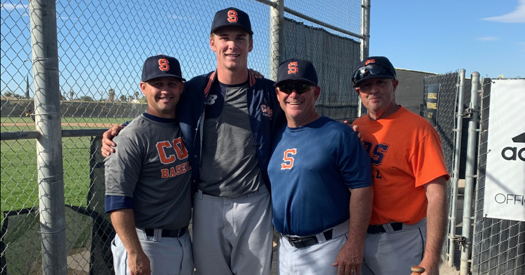 COS' Benjamin Pedersen and coaches following his perfect game at Taft on Feb. 29 (Photo by COS Athletics)